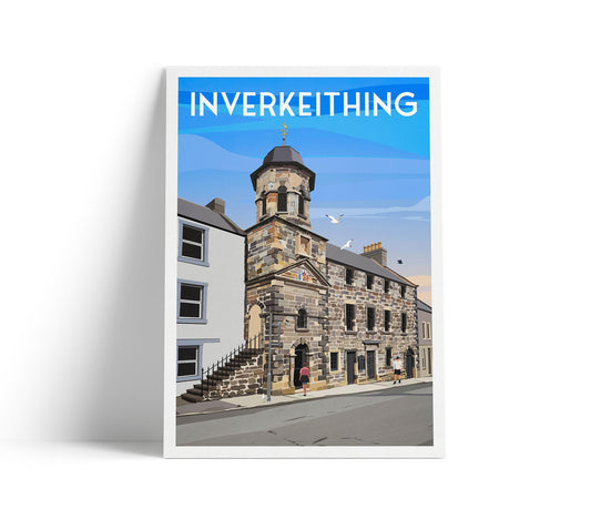 Inverkeithing Town House Travel Poster – Historic Scotland Wall Art Print | Fife Architecture Illustration | A4 A3 A2 A1