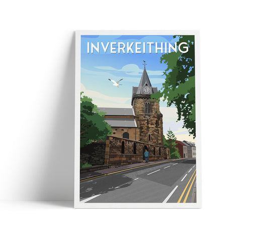 Inverkeithing Parish Church Travel Poster – Scottish Wall Art Print | Historic Fife Illustration | A4 A3 A2 A1 | Matt or Satin Finish