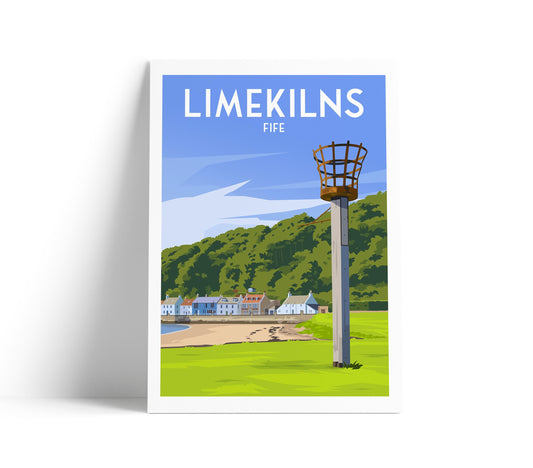 Limekilns Travel Poster, Fife Wall Art Print – Coastal Village Illustration, Scotland Seaside Artwork, A4 A3 A2 A1 Sizes