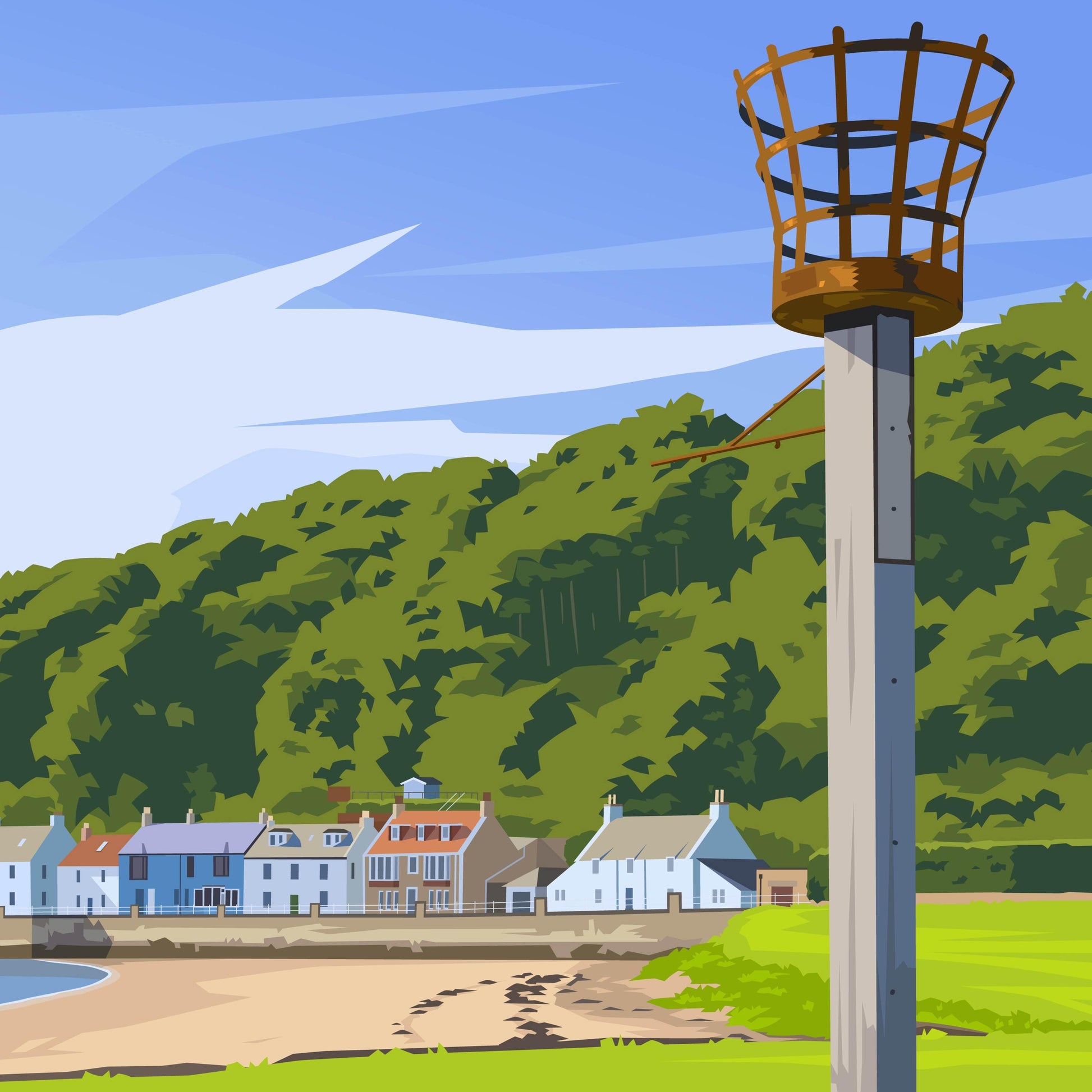 Limekilns Travel Poster, Fife Wall Art Print – Coastal Village Illustration, Scotland Seaside Artwork, A4 A3 A2 A1 Sizes