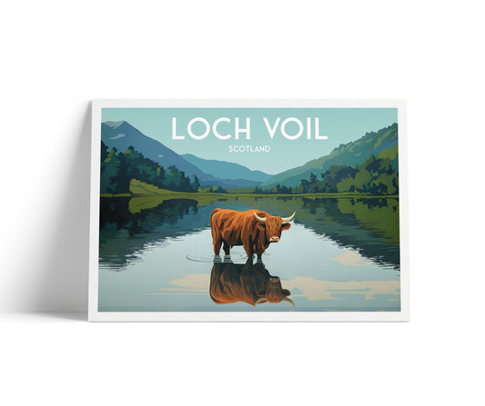 Loch Voil Highland Cow Travel Poster | Scottish Wall Art Print A4–A1 | Matt or Satin Paper | Highland Cattle Landscape Illustration