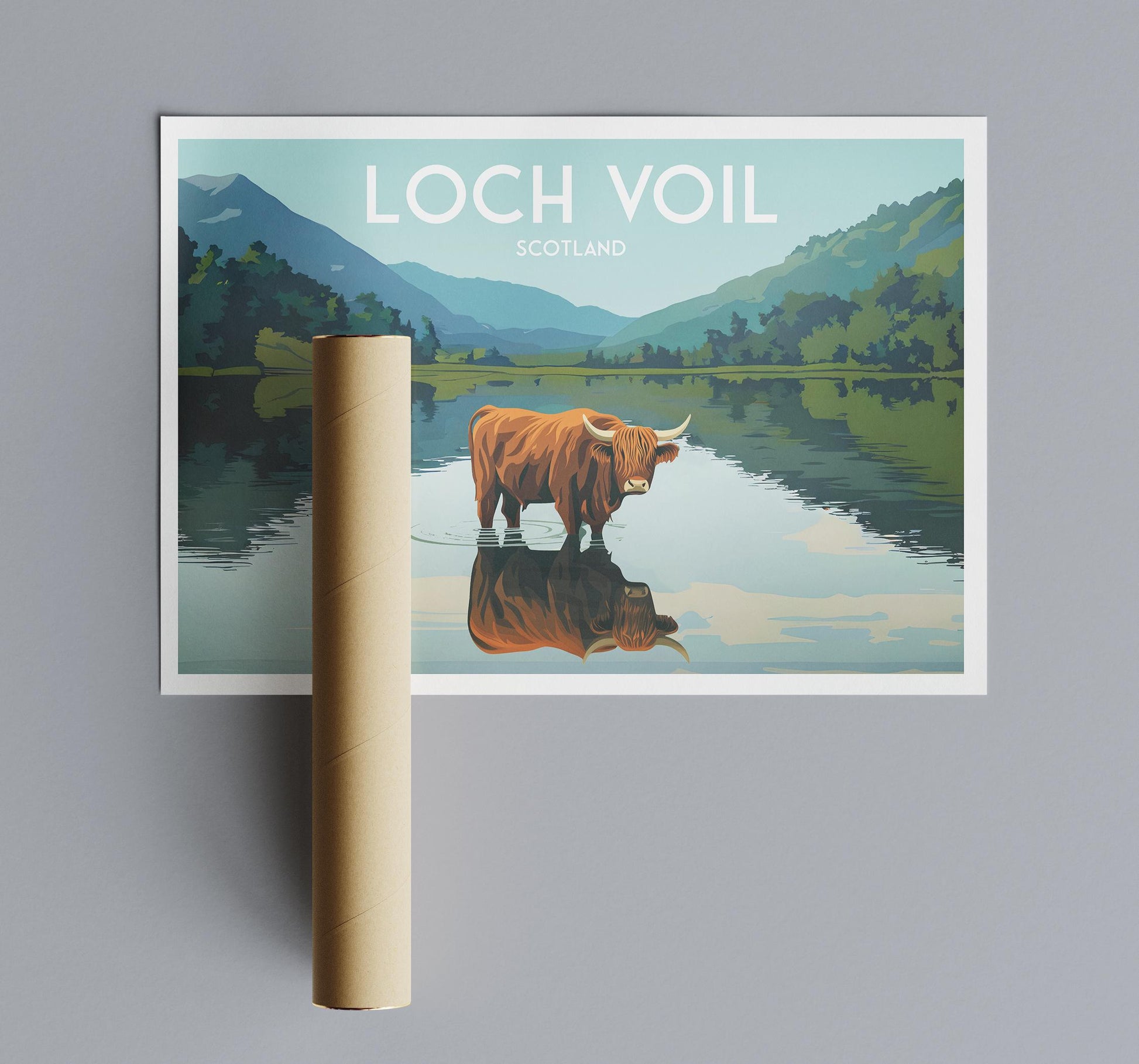Loch Voil Highland Cow Travel Poster | Scottish Wall Art Print A4–A1 | Matt or Satin Paper | Highland Cattle Landscape Illustration