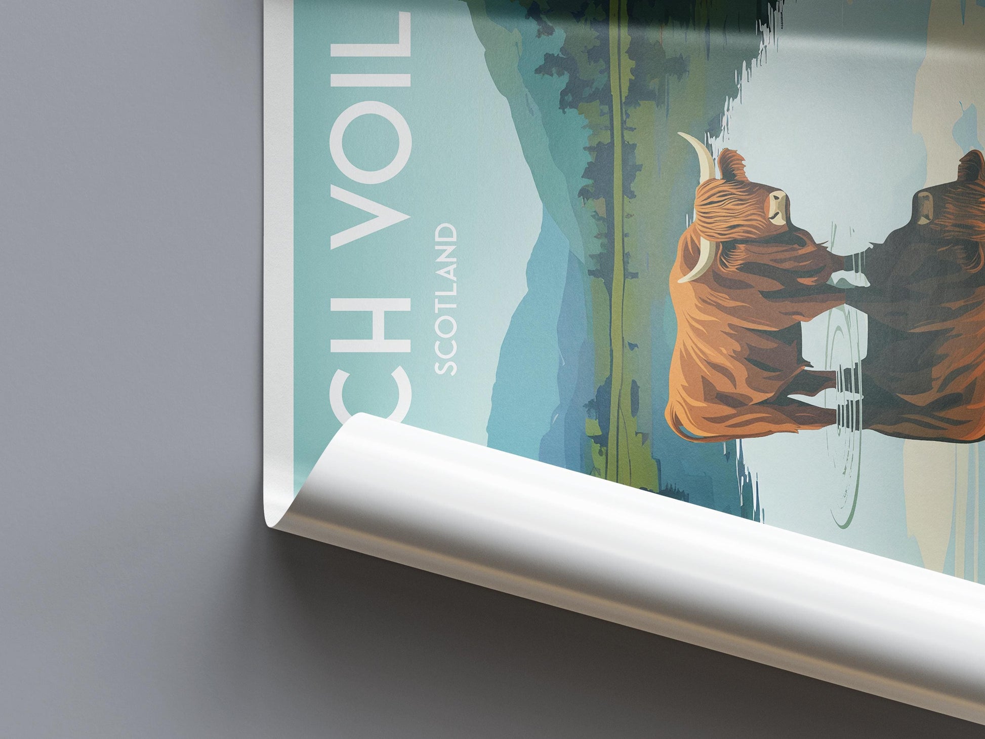 Loch Voil Highland Cow Travel Poster | Scottish Wall Art Print A4–A1 | Matt or Satin Paper | Highland Cattle Landscape Illustration