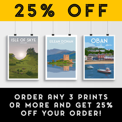 Eilean Donan Castle Travel Poster | Scotland Wall Art Print | A4 – A1 Sizes | Matt or Satin Finish