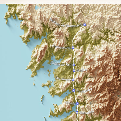 Camino de Santiago 3D Shaded Trail Map | Portuguese Way | A3, A2, A1