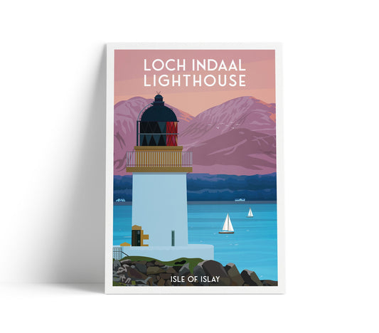 Loch Indaal Lighthouse Travel Poster – Isle of Islay Wall Art | A4 to A1 Sizes | Matt or Satin Finish