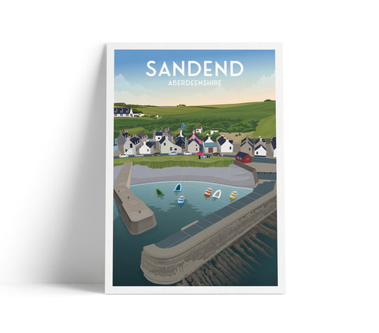 Sandend Travel Poster – Aberdeenshire Harbour Wall Art (A4–A1, Matt or Satin Finish)