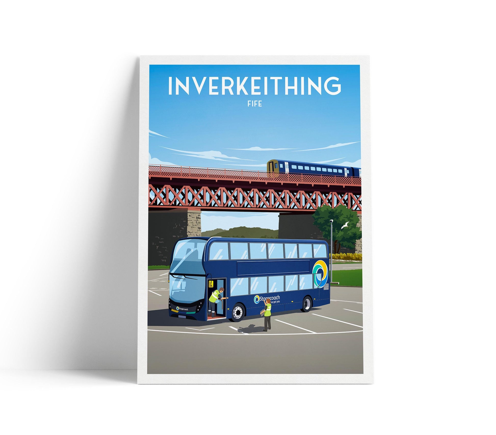 Inverkeithing Park and Ride Travel Poster – Fife Wall Art Print | A4 to A1 | Stagecoach Bus & Rail Bridge Illustration | Scotland Poster