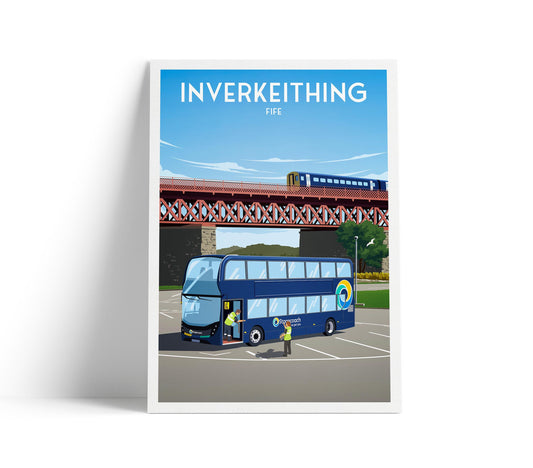 Inverkeithing Park and Ride Travel Poster – Fife Wall Art Print | A4 to A1 | Stagecoach Bus & Rail Bridge Illustration | Scotland Poster