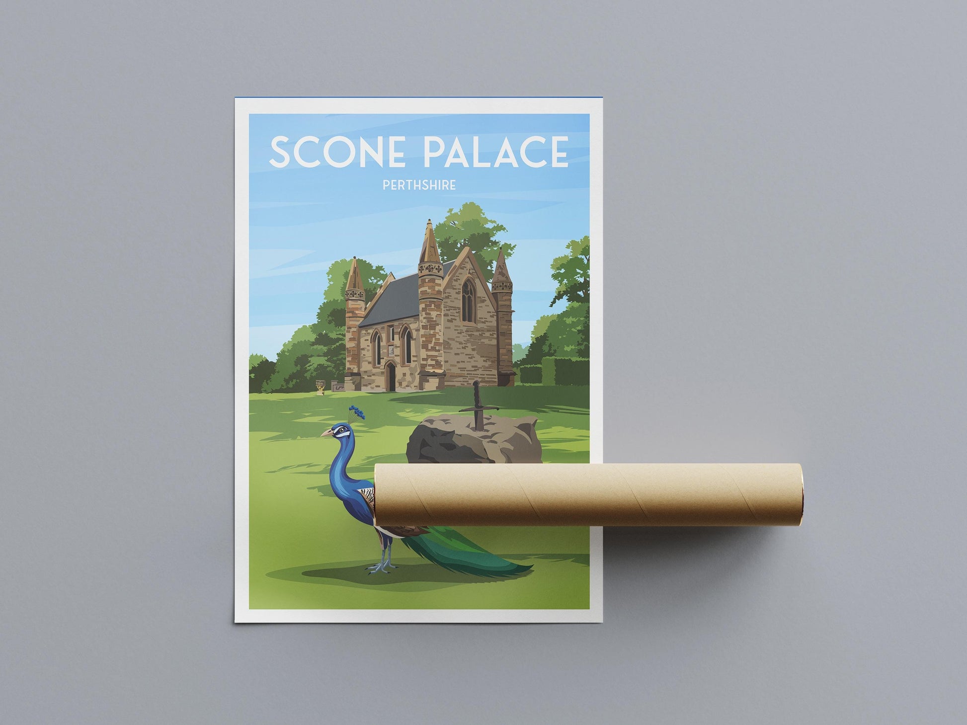 Scone Palace Travel Poster – Scottish Wall Art Print Featuring Peacock & Chapel, A4 to A1 – Matt or Satin