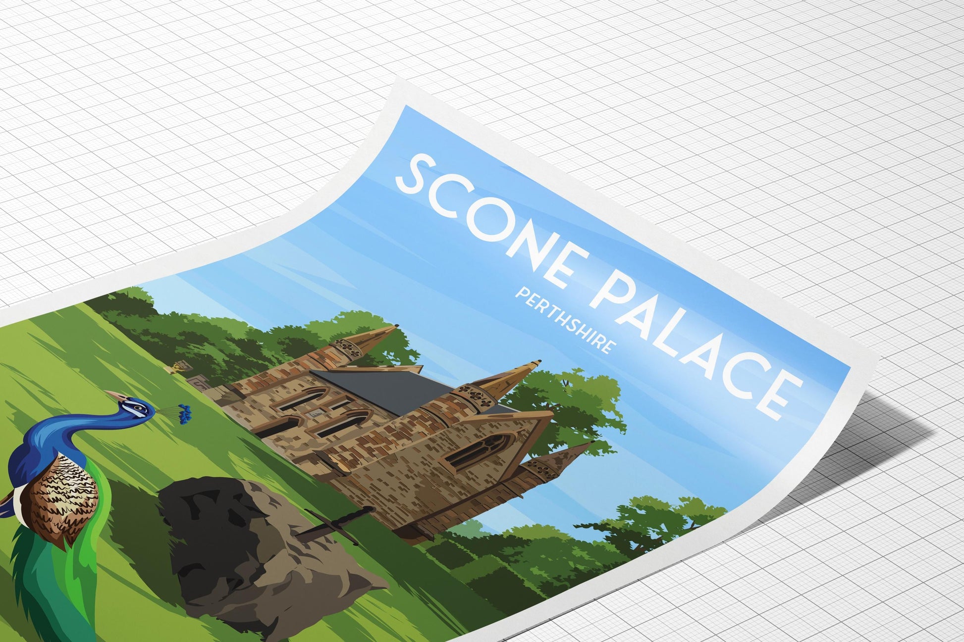 Scone Palace Travel Poster – Scottish Wall Art Print Featuring Peacock & Chapel, A4 to A1 – Matt or Satin