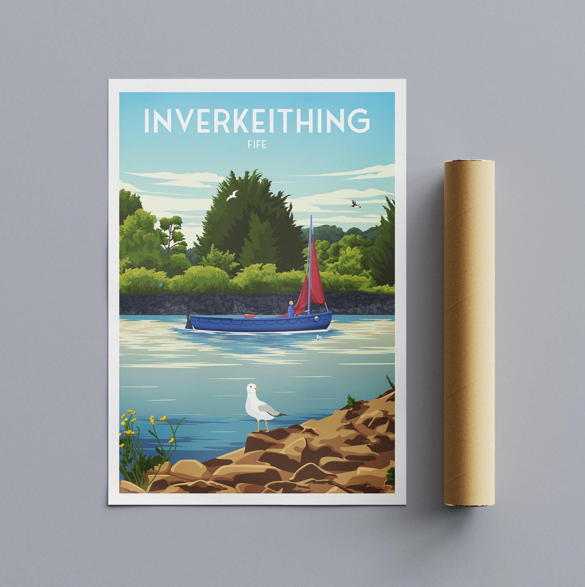 Inverkeithing Travel Poster – Fife Wall Art Print of the Harbour with Sailboat | Scotland Coastal Decor | A4 to A1, Matt or Satin Finish