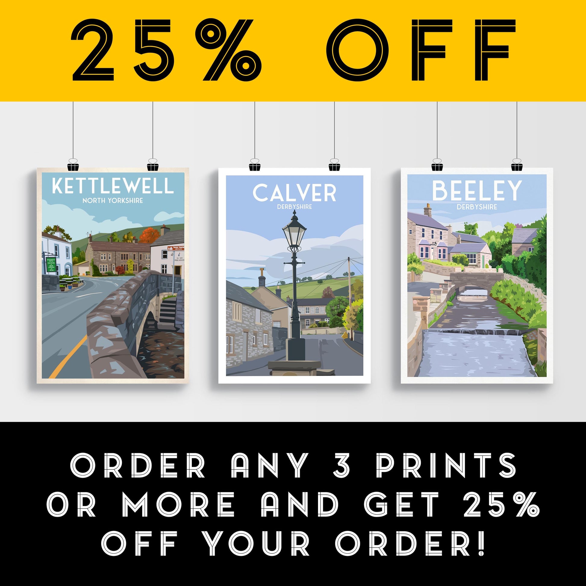 Calver Derbyshire Travel Poster | A4–A1 Wall Art Print | Matt or Satin Finish | Peak District Countryside Illustration