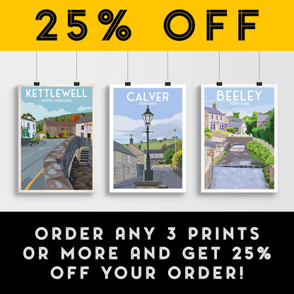 Calver Derbyshire Travel Poster | A4–A1 Wall Art Print | Matt or Satin Finish | Peak District Countryside Illustration