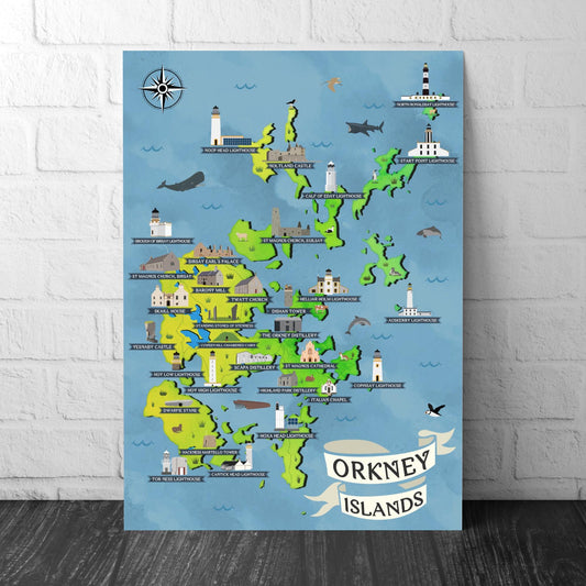 Orkney Islands Illustrated Map Print: Scottish Travel Poster, Coastal Wall Art