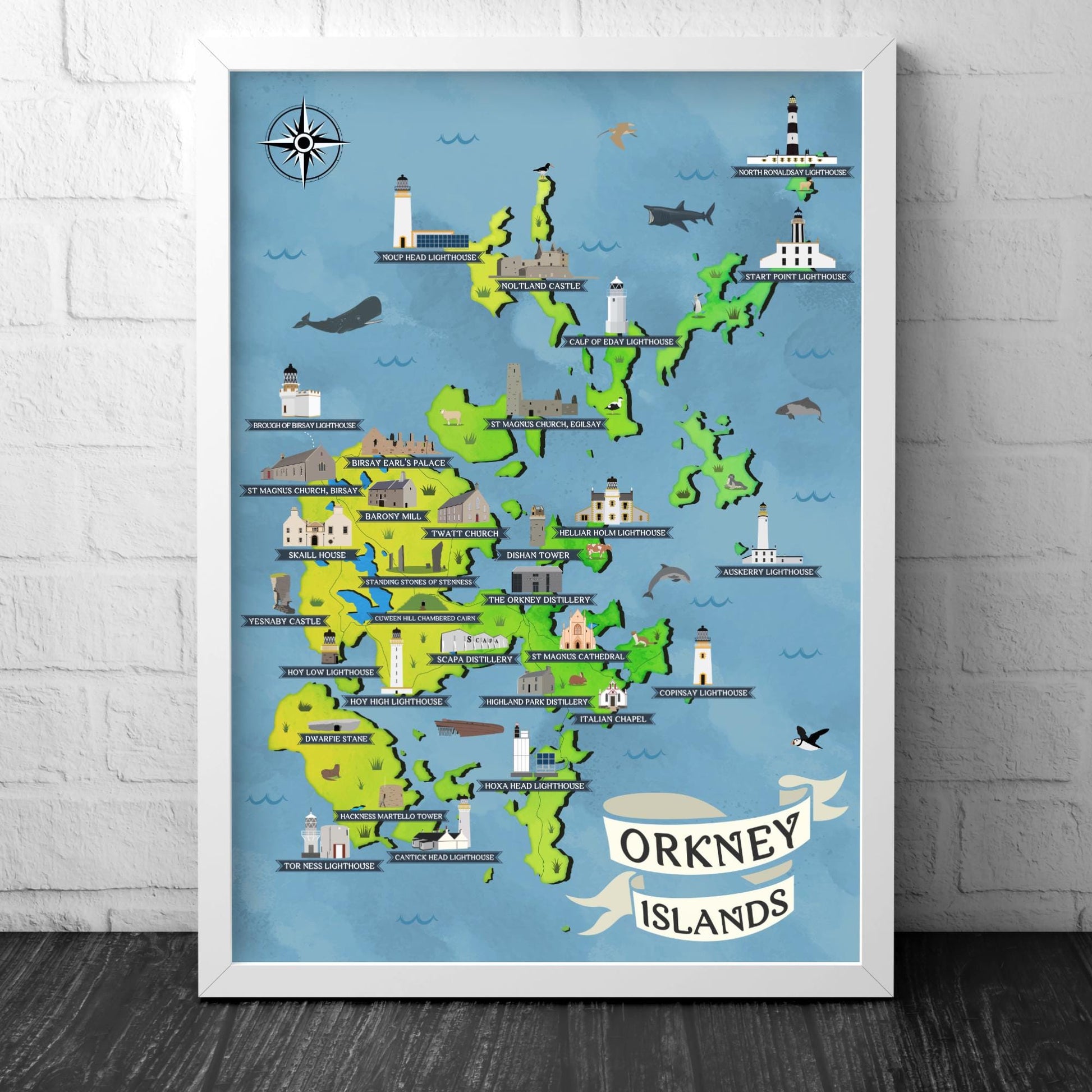 Orkney Islands Illustrated Map Print: Scottish Travel Poster, Coastal Wall Art