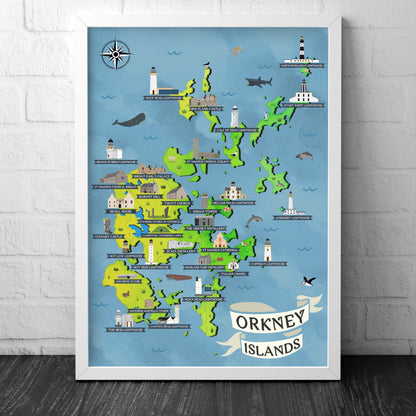 Orkney Islands Illustrated Map Print: Scottish Travel Poster, Coastal Wall Art