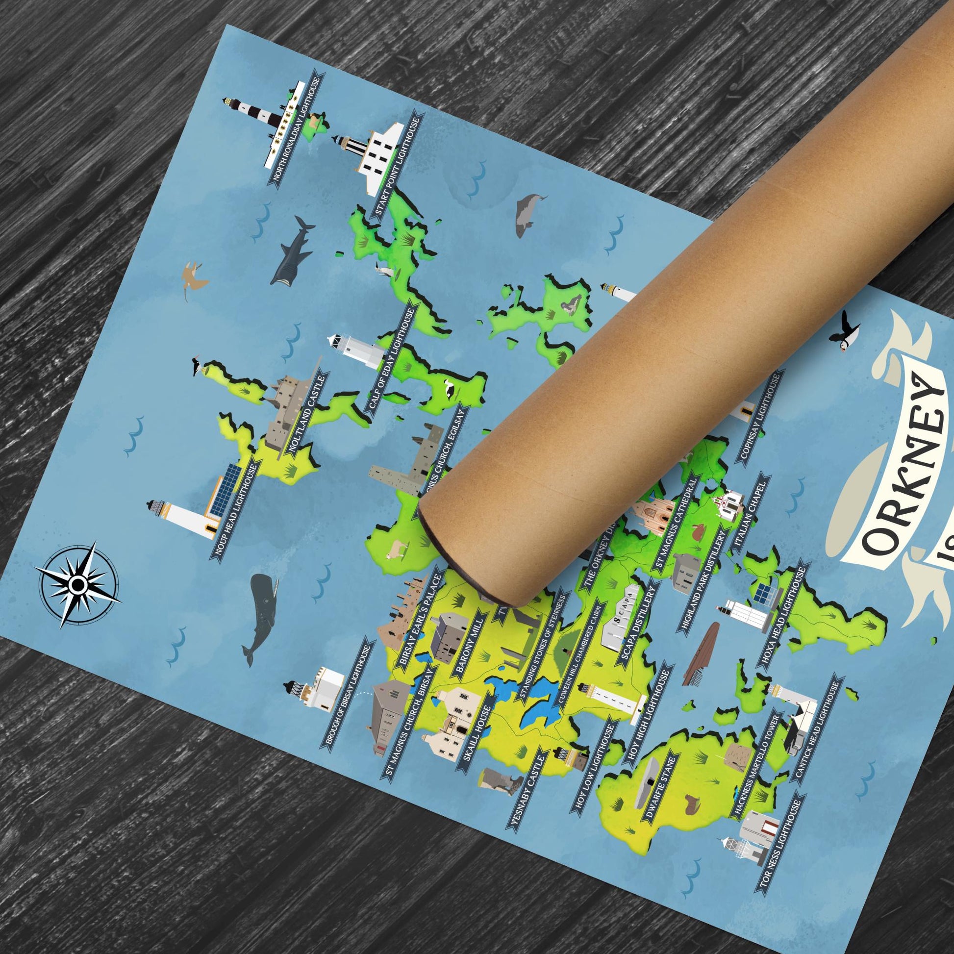 Orkney Islands Illustrated Map Print: Scottish Travel Poster, Coastal Wall Art