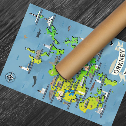 Orkney Islands Illustrated Map Print: Scottish Travel Poster, Coastal Wall Art