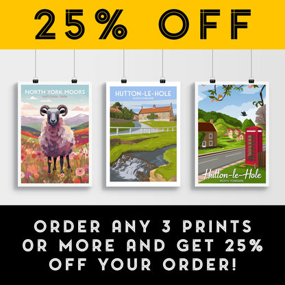 Hutton le Hole North Yorkshire Travel Poster – Vintage-Style Village Wall Art Print – Countryside Landscape