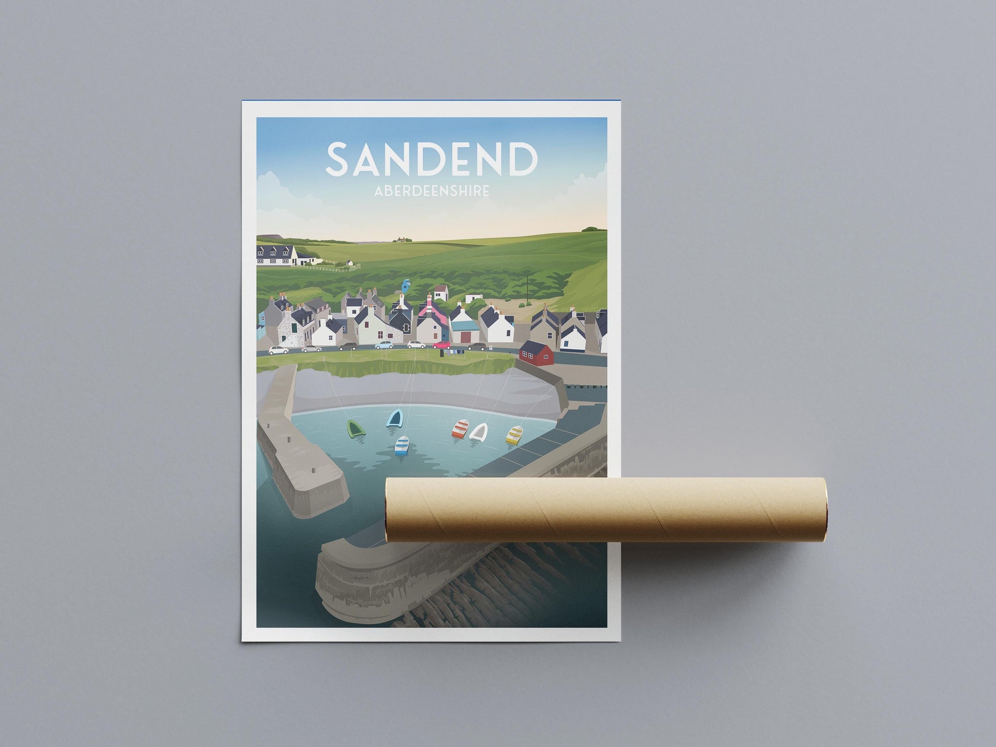 Sandend Travel Poster – Aberdeenshire Harbour Wall Art (A4–A1, Matt or Satin Finish)