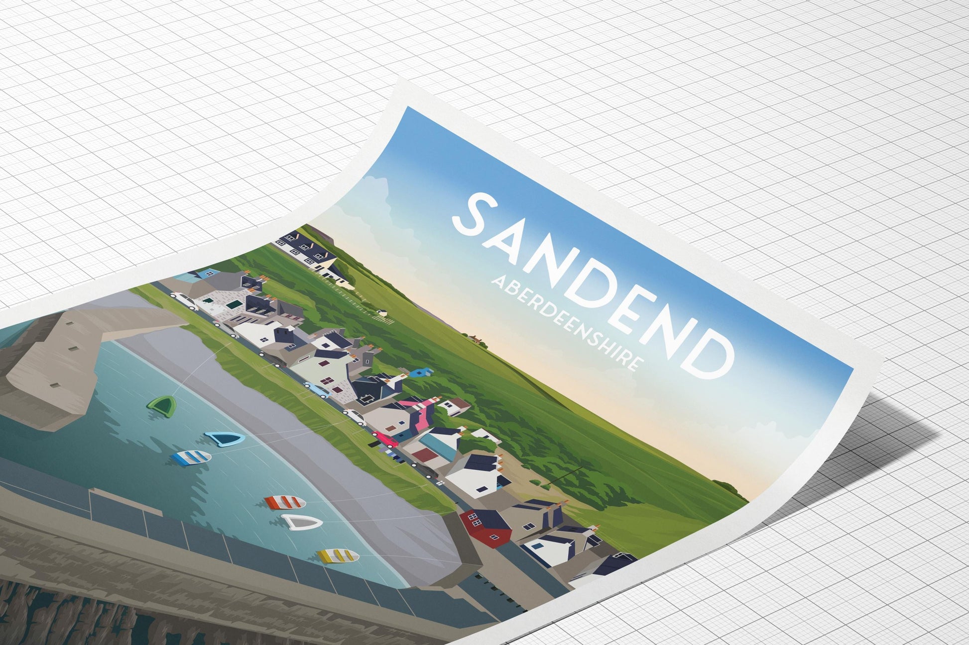 Sandend Travel Poster – Aberdeenshire Harbour Wall Art (A4–A1, Matt or Satin Finish)