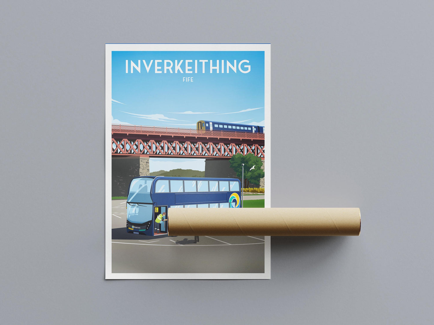 Inverkeithing Park and Ride Travel Poster – Fife Wall Art Print | A4 to A1 | Stagecoach Bus & Rail Bridge Illustration | Scotland Poster