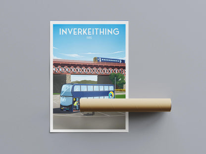 Inverkeithing Park and Ride Travel Poster – Fife Wall Art Print | A4 to A1 | Stagecoach Bus & Rail Bridge Illustration | Scotland Poster
