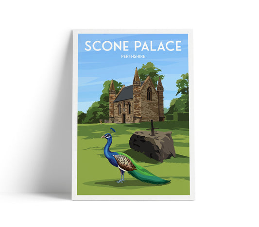 Scone Palace Travel Poster – Scottish Wall Art Print Featuring Peacock & Chapel, A4 to A1 – Matt or Satin