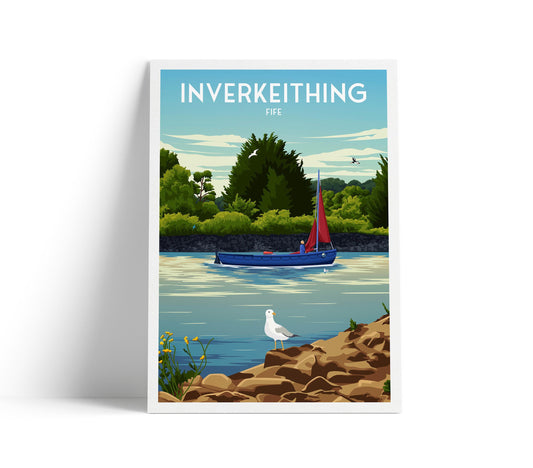 Inverkeithing Travel Poster – Fife Wall Art Print of the Harbour with Sailboat | Scotland Coastal Decor | A4 to A1, Matt or Satin Finish