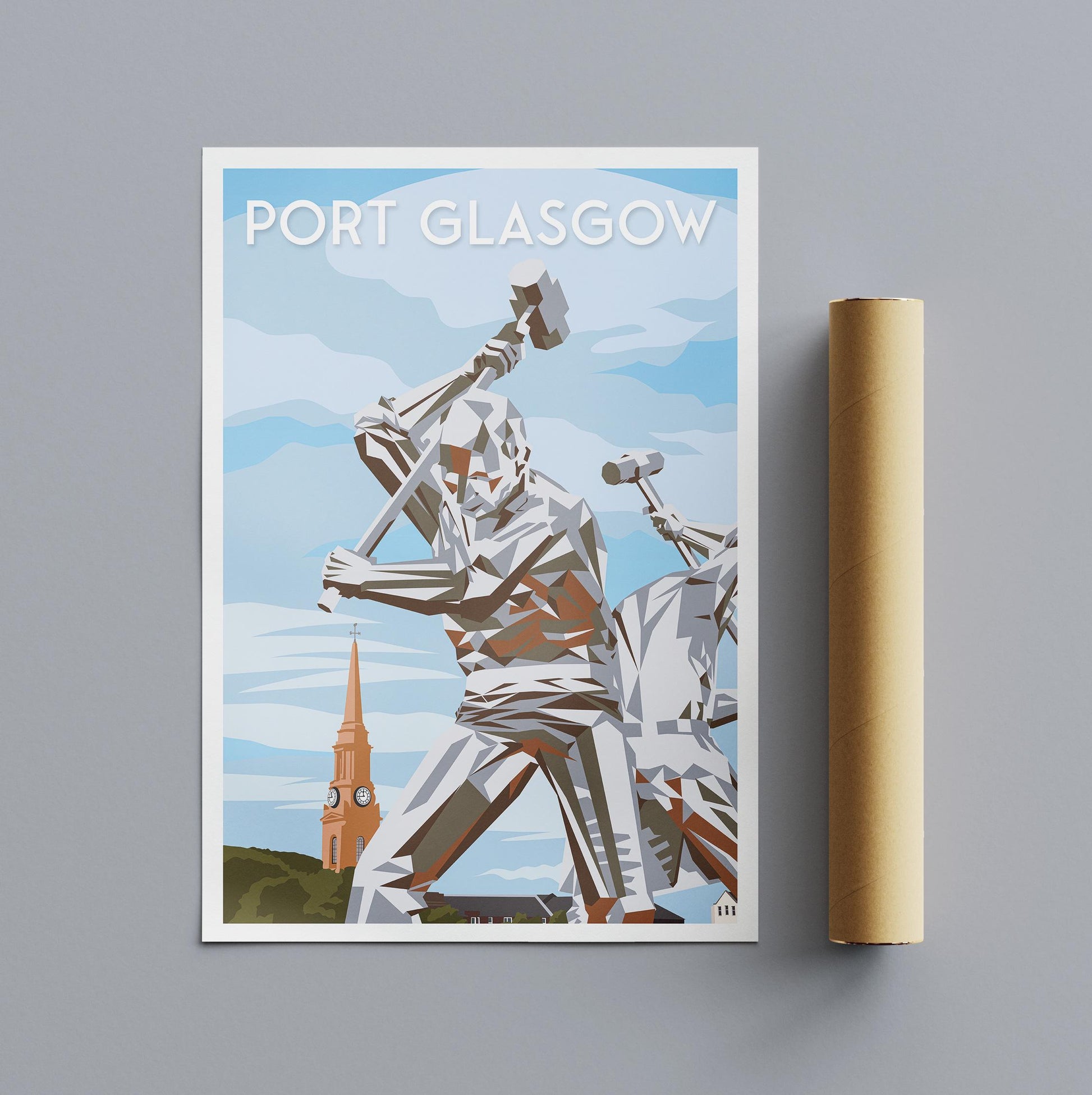 Port Glasgow Travel Poster | The Shipbuilders Sculpture Wall Art Print | Modern Scotland Poster | A4–A1 Sizes