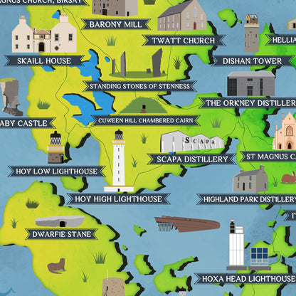Orkney Islands Illustrated Map Print: Scottish Travel Poster, Coastal Wall Art