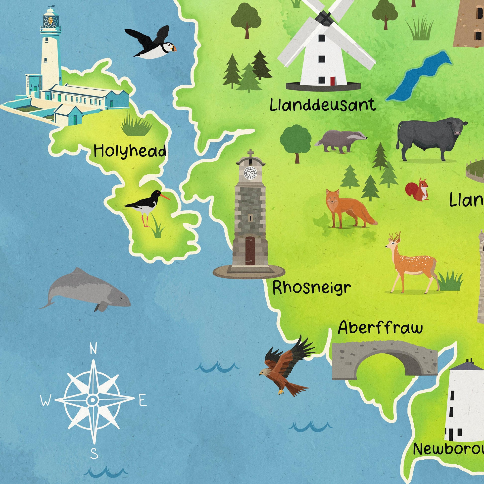 Cute Map of Anglesey Poster | Illustrated Wales Wall Art | A4 – A1 Travel Print | 180gsm Matt or 200gsm Satin