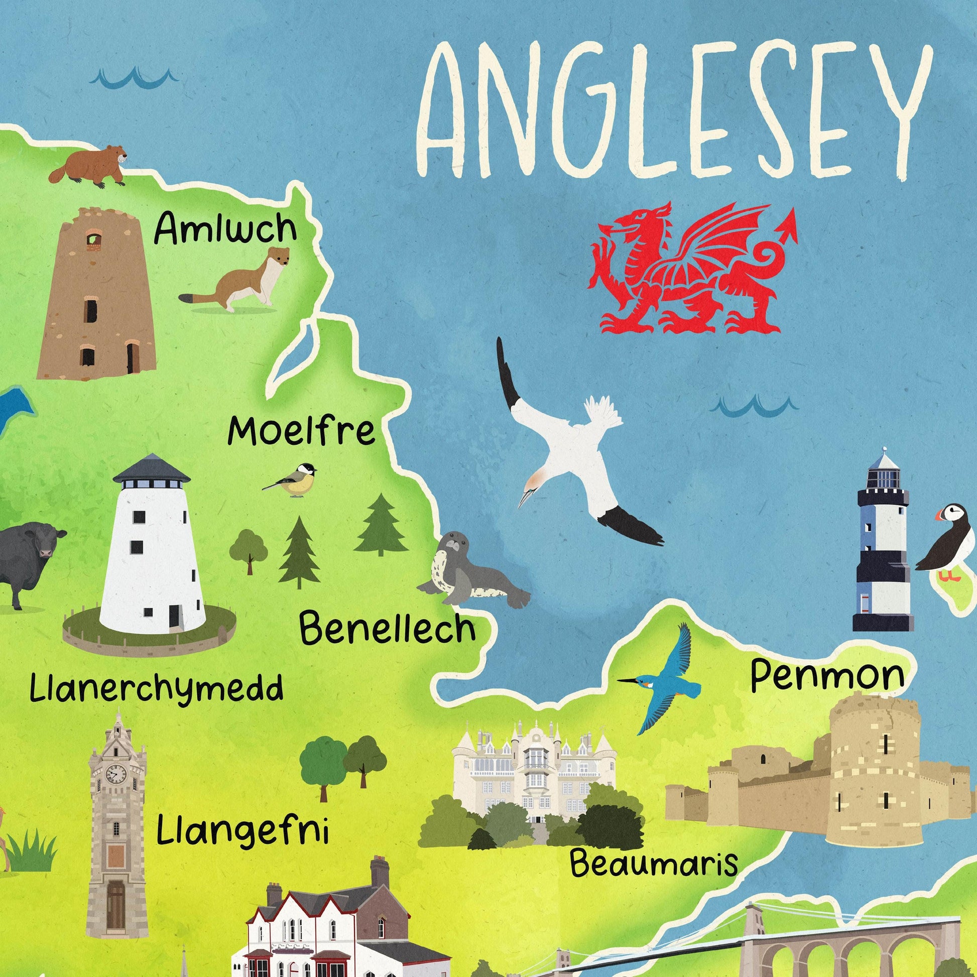 Cute Map of Anglesey Poster | Illustrated Wales Wall Art | A4 – A1 Travel Print | 180gsm Matt or 200gsm Satin