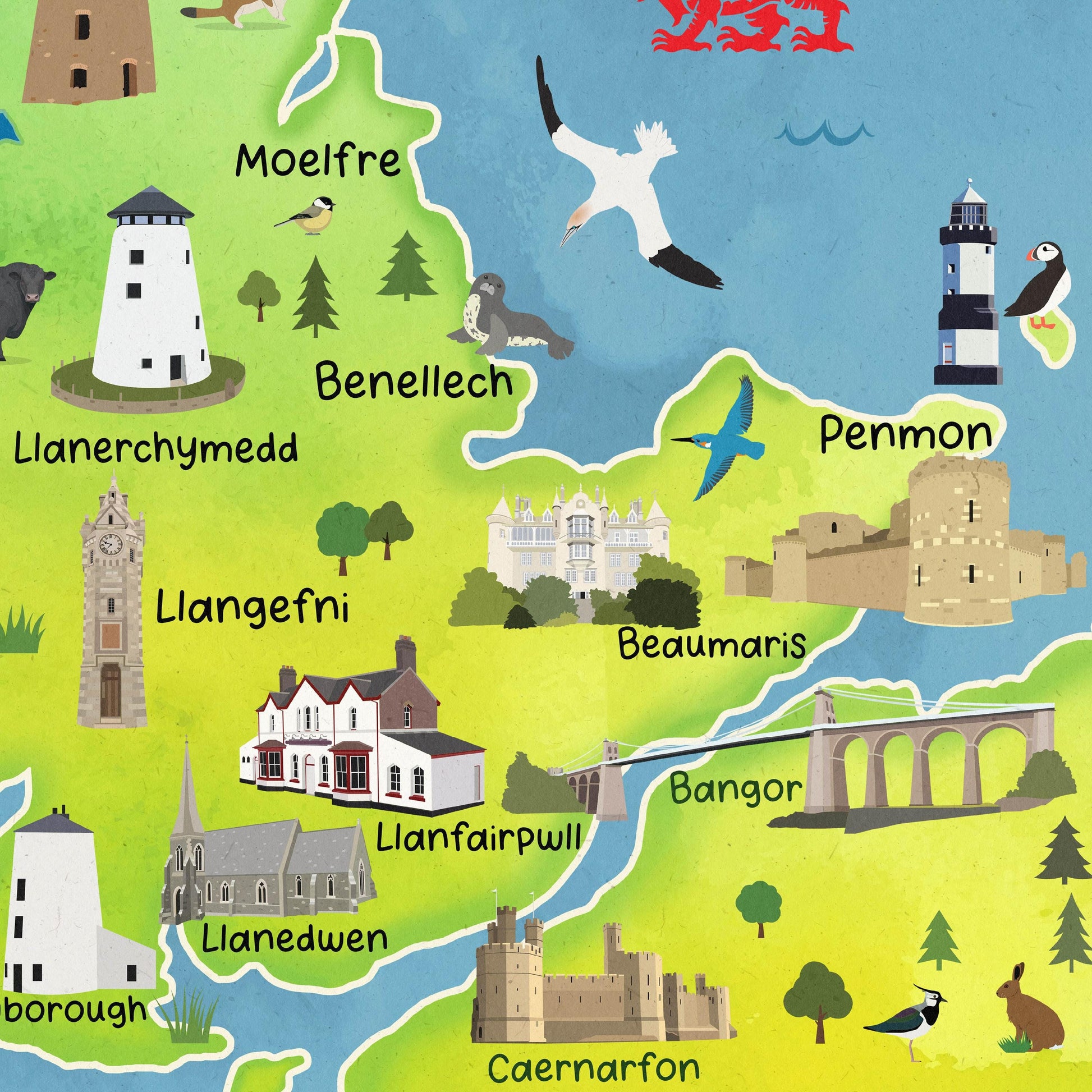 Cute Map of Anglesey Poster | Illustrated Wales Wall Art | A4 – A1 Travel Print | 180gsm Matt or 200gsm Satin