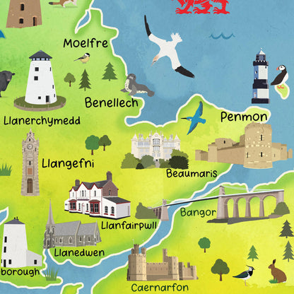 Cute Map of Anglesey Poster | Illustrated Wales Wall Art | A4 – A1 Travel Print | 180gsm Matt or 200gsm Satin