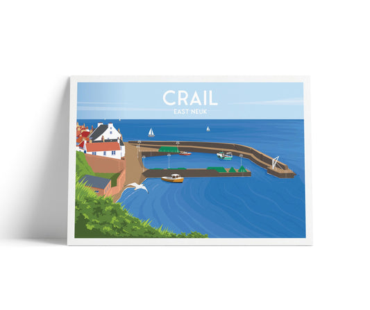 Crail Travel Poster, East Neuk Scotland Harbour Wall Art Print, Bird’s-Eye View Coastal Illustration, A4 – A1 Sizes