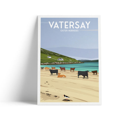 Vatersay – Outer Hebrides Travel Poster | Modern Coastal Wall Art | Cows on the Beach | Scottish Island Print
