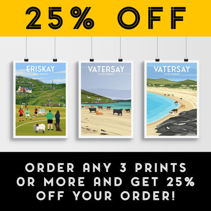 Vatersay – Outer Hebrides Travel Poster | Modern Coastal Wall Art | Cows on the Beach | Scottish Island Print