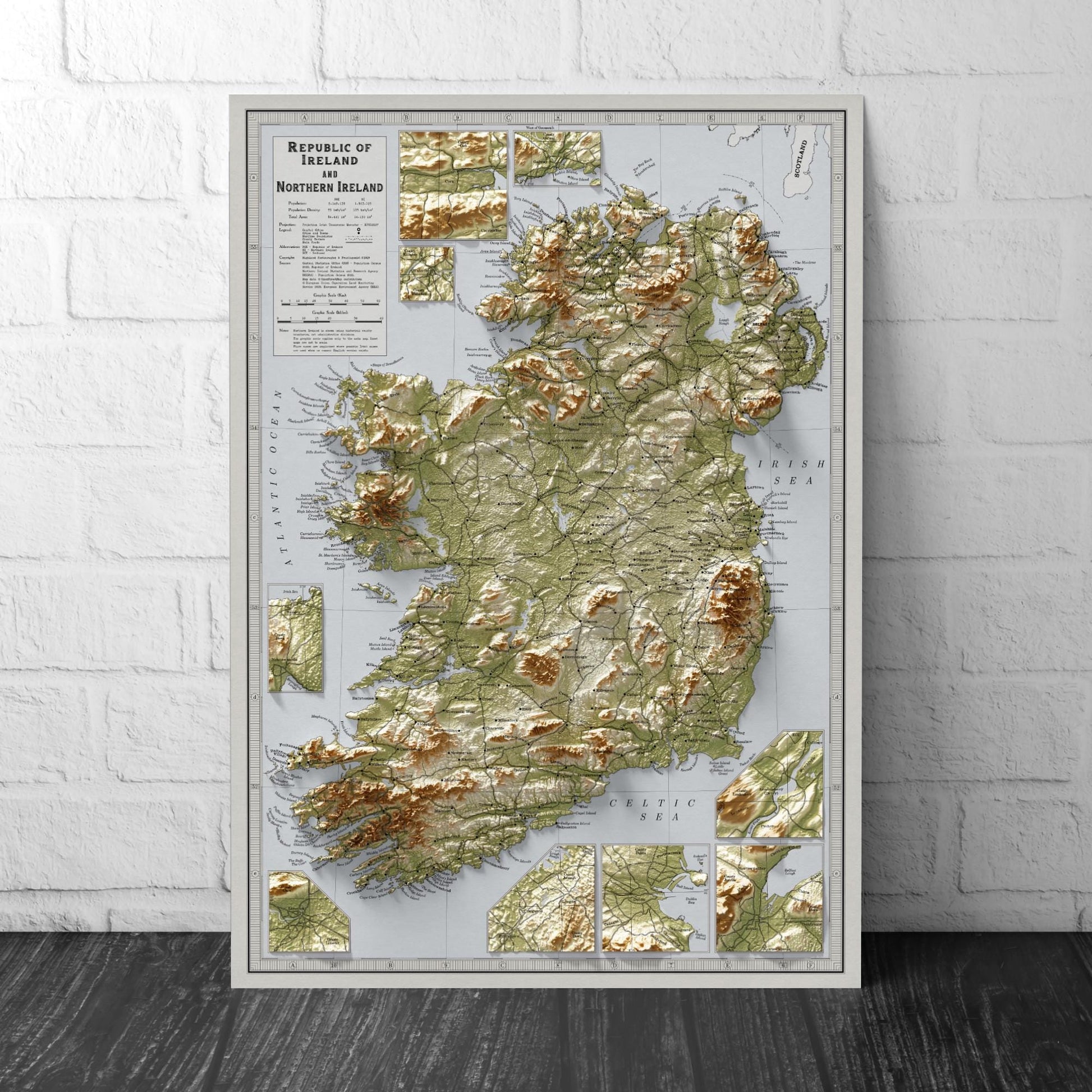 Political Map of Ireland & Northern Ireland – Vintage Style Wall Art Print – A3, A2, A1, 24x18, 32x24 – Matt or Satin Poster