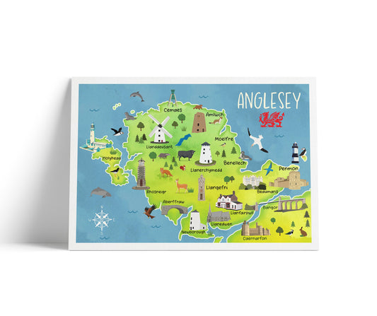 Cute Map of Anglesey Poster | Illustrated Wales Wall Art | A4 – A1 Travel Print | 180gsm Matt or 200gsm Satin