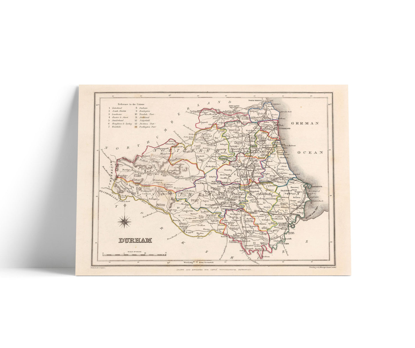 Map of Durham (1844) by Samuel Lewis – Historical County Map Reproduction Wall Art – Vintage Style Poster Print