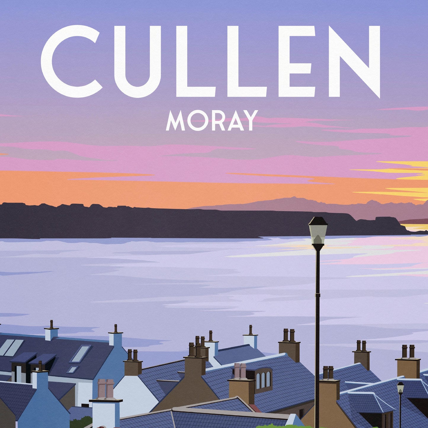 Cullen Travel Poster, Moray Scotland Wall Art – Coastal View Across the Beach to Portknockie – A4 to A1 Print in Matt or Satin
