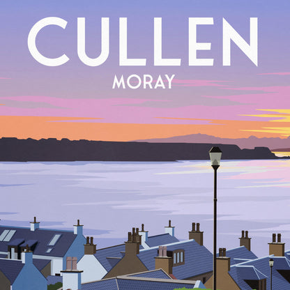 Cullen Travel Poster, Moray Scotland Wall Art – Coastal View Across the Beach to Portknockie – A4 to A1 Print in Matt or Satin
