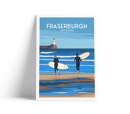 Fraserburgh Travel Poster – Aberdeenshire Coastal Wall Art Print | Surfing Beach & Lighthouse Illustration | A4 to A1 Sizes