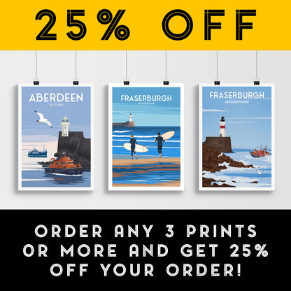 Fraserburgh Travel Poster – Aberdeenshire Coastal Wall Art Print | Surfing Beach & Lighthouse Illustration | A4 to A1 Sizes
