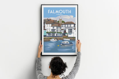 Falmouth Cornwall Travel Poster – A4 to A1 Wall Art Print | Harbour & Boats Illustration | Coastal Home Décor