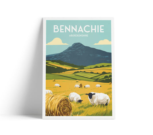 Bennachie Travel Poster, Aberdeenshire Wall Art, Scottish Landscape Print, Vintage Style Illustration (A4–A2)