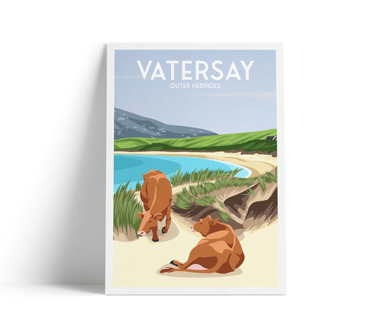 Vatersay Machair Beach Travel Poster | Outer Hebrides Wall Art | Scottish Coastal Landscape Print | Cows on Beach | A4–A1 Matt or Satin