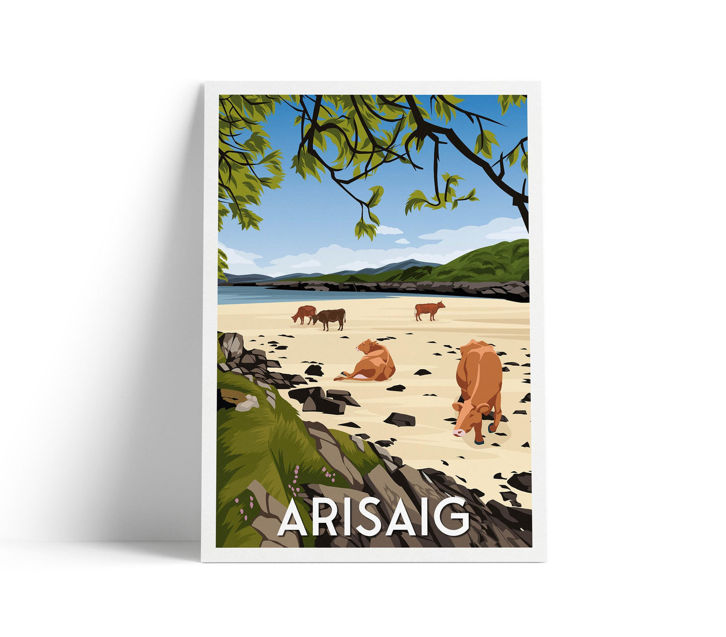 Arisaig Travel Poster – Scottish Highlands Wall Art Print | Beach Cows Illustration | A4–A1 Sizes | Matt or Satin Finish
